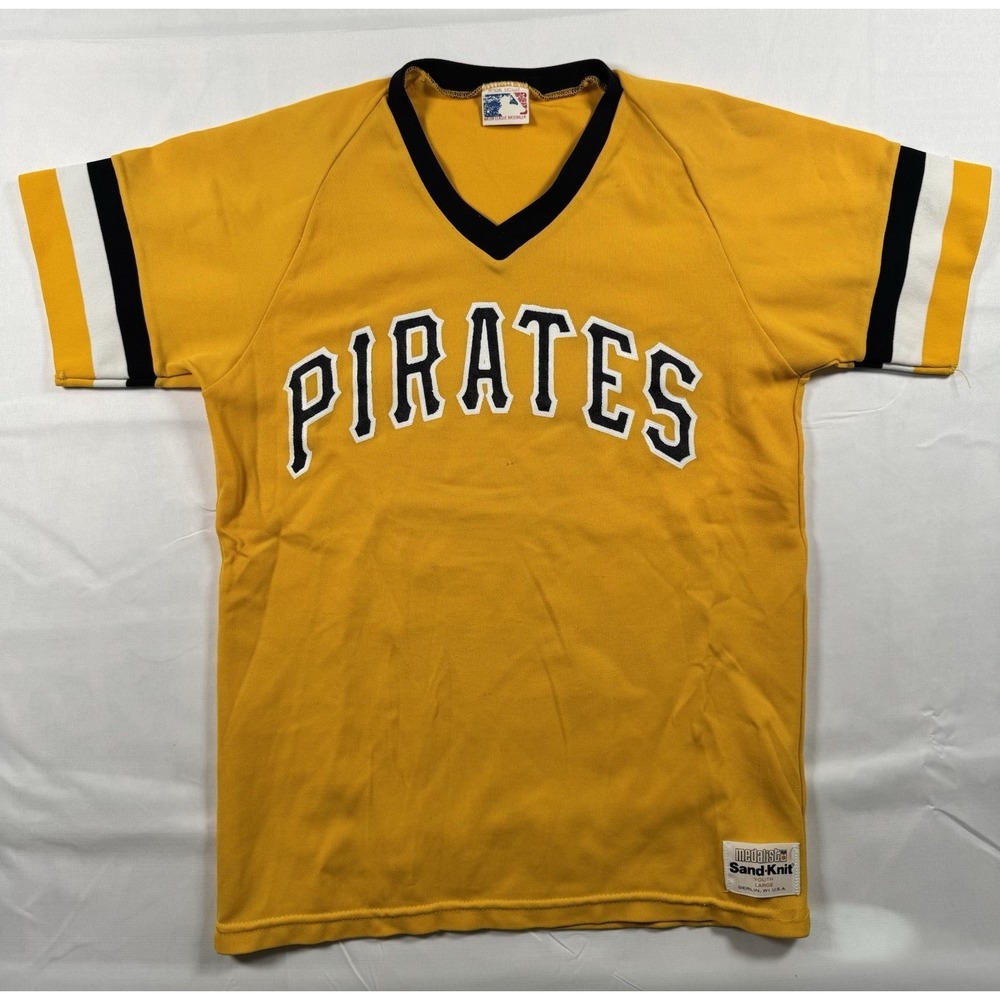Vintage Pittsburgh Pirates Sand-Knit Jersey Youth L Gold Black V-Neck 80s MLB
